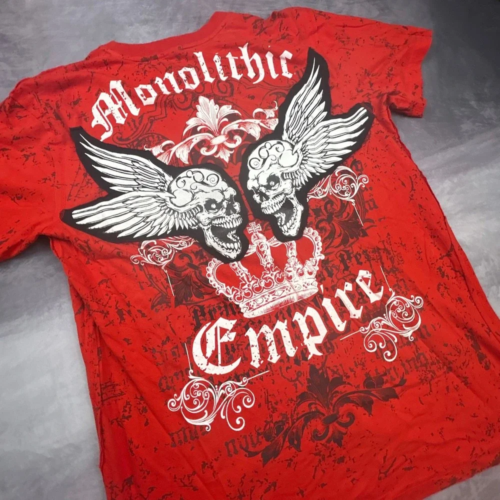 Monolithic Empire Red Graphic Tee Vintage Y2K Skulls Studded Biker Shirt Large